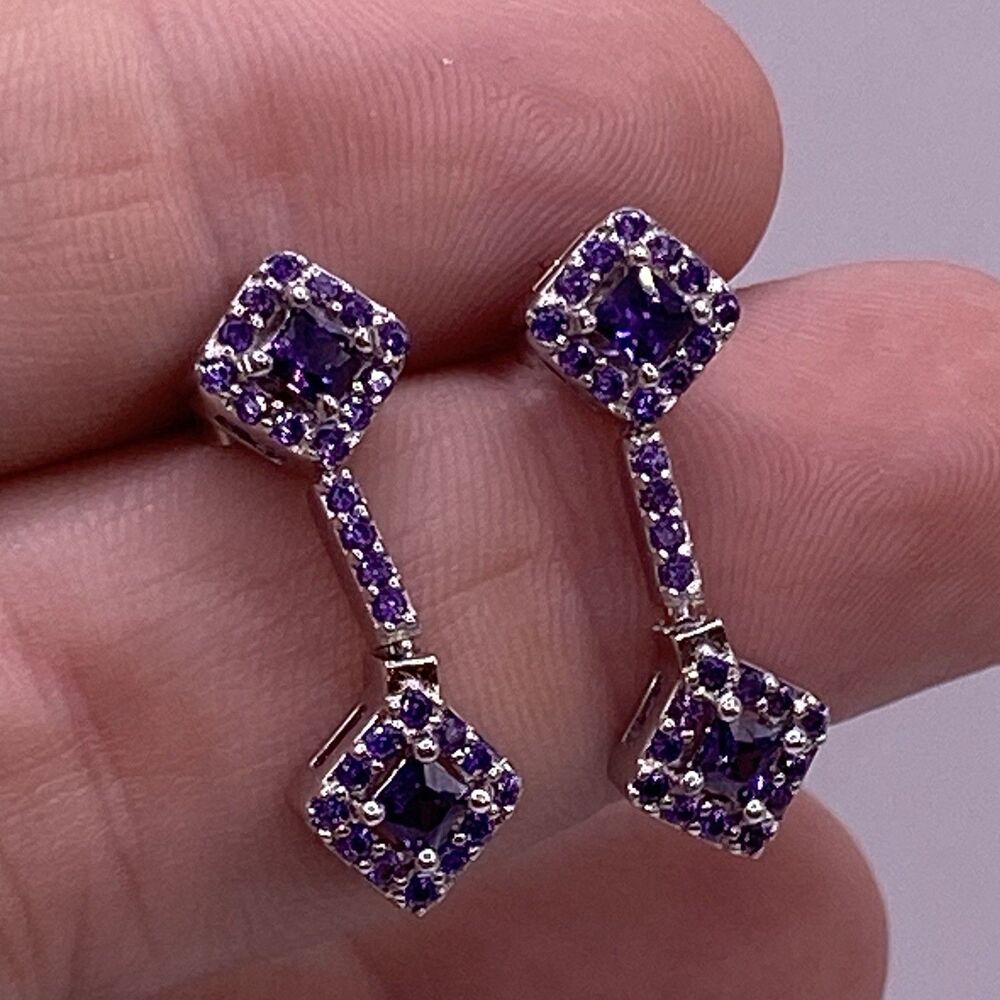 Sterling Silver 925 Amethyst Drop Earrings Stunning Elegant